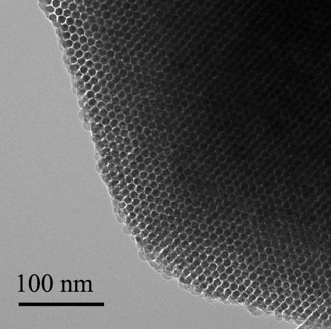 Nanostructure of biomaterial. Transmission electron microscopy image shows an ordered nanowire array. The 100-nanometer scale bar is 1,000 times narrower than a hair. Courtesy of Tian Lab