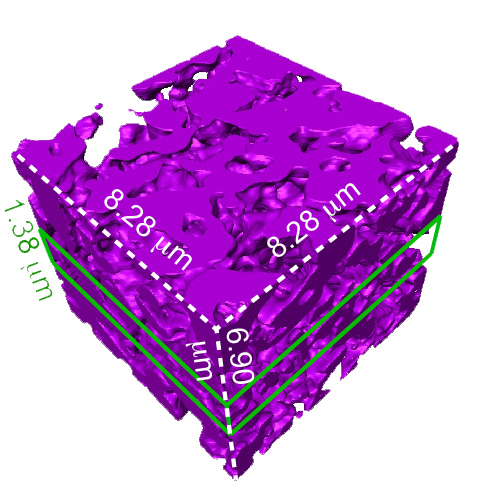 Mesostructured silicon particle. A transmission X-ray microscopy 3-D data set of one region of a mesostructured silicon particle, suggesting spongy structures. The purple square measures 8.28 microns along the top edges, which is much less than the width of a human hair. Courtesy of Tian Lab