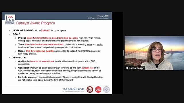 Karen Snapp talks about the Catalyst Award during the first CBC Info Session of 2021 in a Zoom Webinar