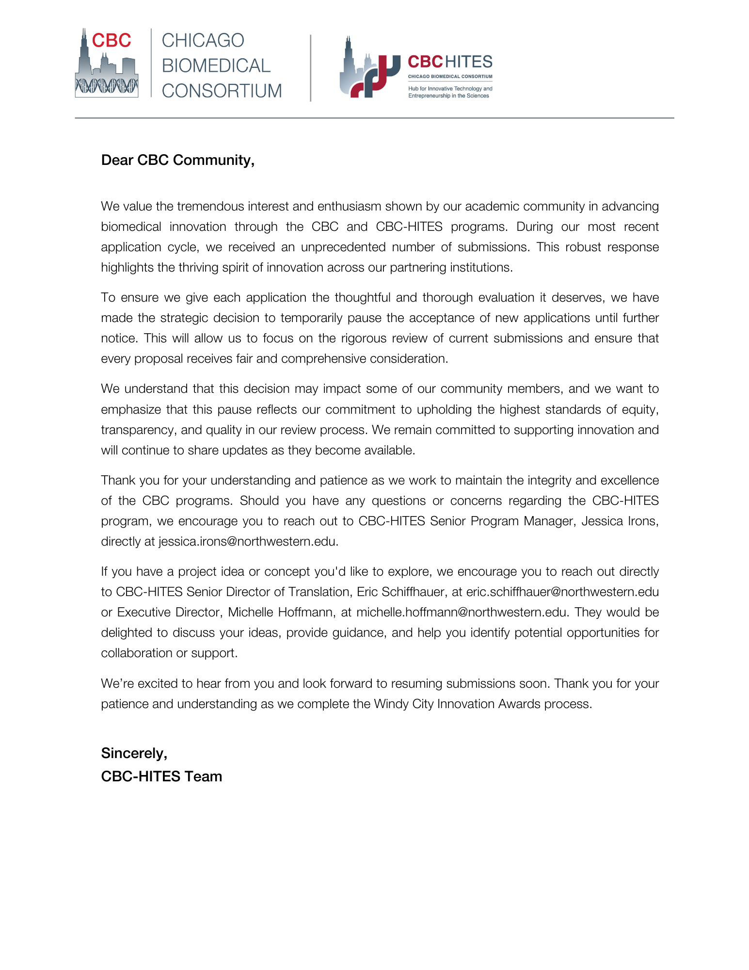 CBC-HITES Temporary Pause Letter